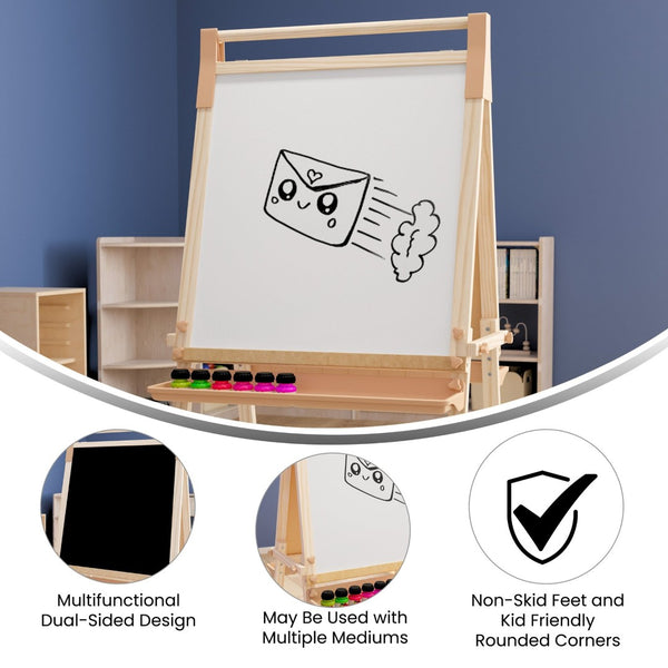 English Elm Bright Beginnings Freestanding Art Easel with Chalkboard, Dry-Erase Board & Paper Roller for Classrooms MK-ART-9000-GG
