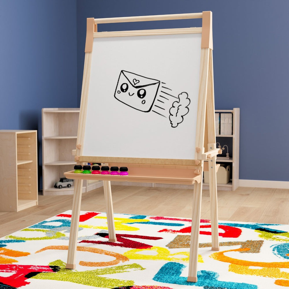 English Elm Bright Beginnings Freestanding Art Easel with Chalkboard, Dry-Erase Board & Paper Roller for Classrooms MK-ART-9000-GG