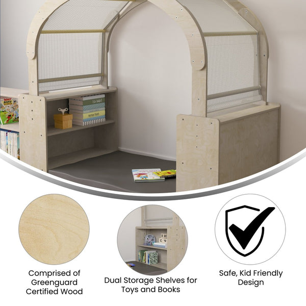English Elm Bright Cozy Corner Reading Nook – Commercial Grade Wooden Canopy with Storage Shelves for Kids’ Spaces MK-KE18007-GG