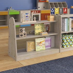 English Elm Bright Beginnings Double-Sided 3-Shelf Wooden Classroom Storage Unit - Safe, Compact, Kid-Friendly Design MK-KE19233-GG