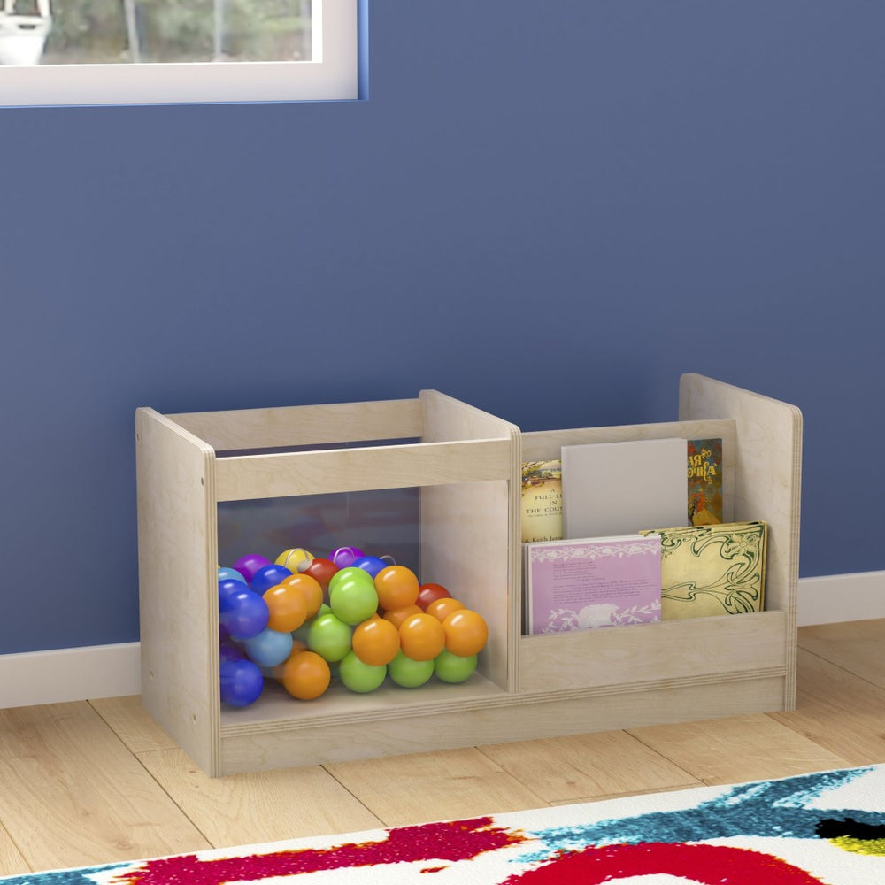 English Elm Bright Beginnings Double-Sided Modular 2-Tier Classroom Book Display Shelf with Clear Storage Bin MK-KE20789-GG