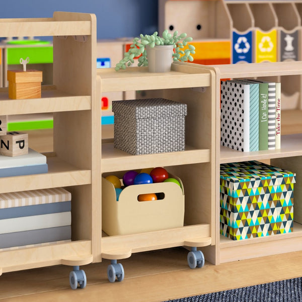 English Elm Bright Beginnings Mobile Wooden Storage Cart with 3 Shelves, Locking Casters for Classroom Use MK-KE24084-GG