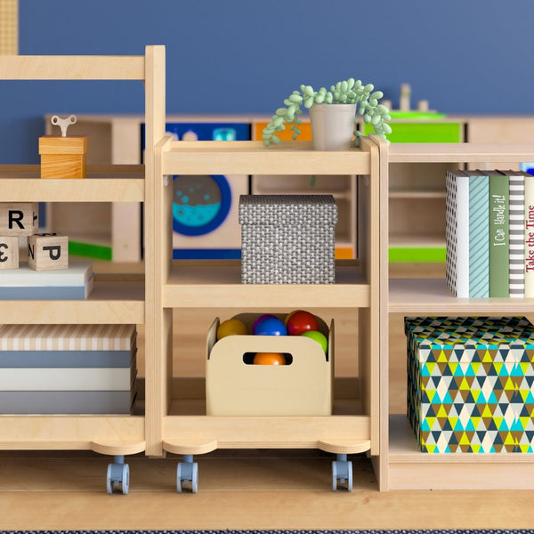 English Elm Bright Beginnings Mobile Wooden Storage Cart with 3 Shelves, Locking Casters for Classroom Use MK-KE24084-GG