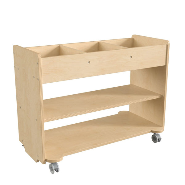 English Elm Bright Beginnings Mobile Wooden Storage Cart with 3 Cubbies, 2 Shelves & Locking Wheels, Natural Finish MK-KE24145-GG