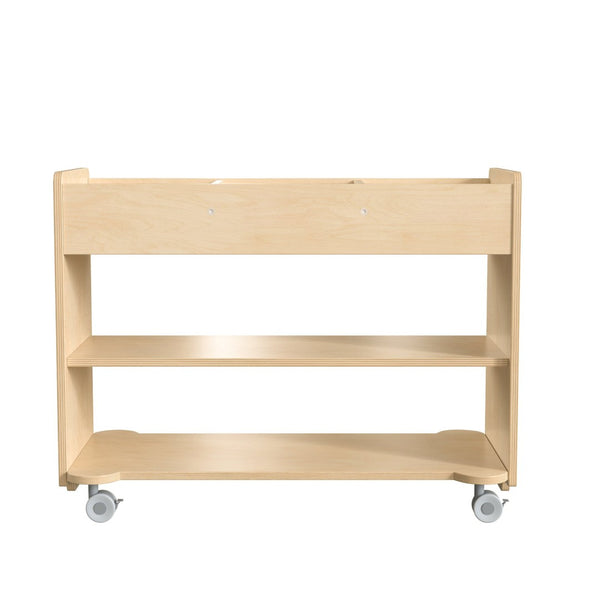 English Elm Bright Beginnings Mobile Wooden Storage Cart with 3 Cubbies, 2 Shelves & Locking Wheels, Natural Finish MK-KE24145-GG