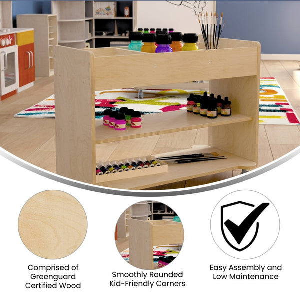 English Elm Bright Beginnings Mobile Wooden Storage Cart with 3 Cubbies, 2 Shelves & Locking Wheels, Natural Finish MK-KE24145-GG