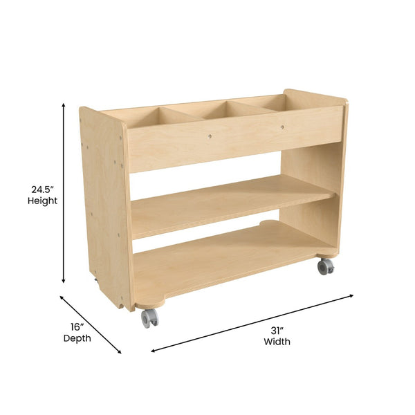 English Elm Bright Beginnings Mobile Wooden Storage Cart with 3 Cubbies, 2 Shelves & Locking Wheels, Natural Finish MK-KE24145-GG