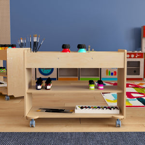 English Elm Bright Beginnings Mobile Wooden Storage Cart with 3 Cubbies, 2 Shelves & Locking Wheels, Natural Finish MK-KE24145-GG
