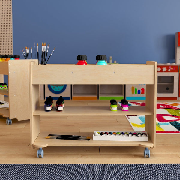 English Elm Bright Beginnings Mobile Wooden Storage Cart with 3 Cubbies, 2 Shelves & Locking Wheels, Natural Finish MK-KE24145-GG