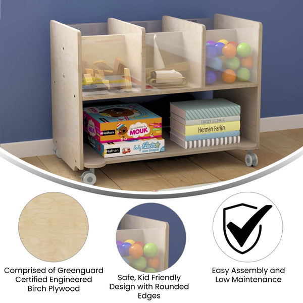 English Elm Bright Beginnings Double-Sided Mobile Storage Cart with 6 Clear Bins & Locking Wheels for Classrooms MK-KE24275-GG