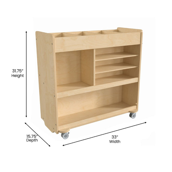 English Elm Bright Beginnings Mobile Wooden Storage Cart with 4 Storage Compartments, 5 Cubbies & Locking Wheels MK-ME08190-GG