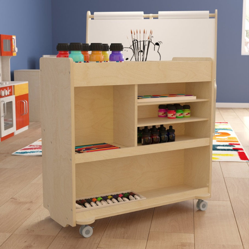 English Elm Bright Beginnings Mobile Wooden Storage Cart with 4 Storage Compartments, 5 Cubbies & Locking Wheels MK-ME08190-GG