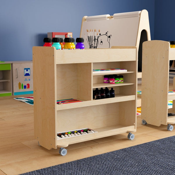 English Elm Bright Beginnings Mobile Wooden Storage Cart with 4 Storage Compartments, 5 Cubbies & Locking Wheels MK-ME08190-GG