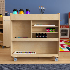 English Elm Bright Beginnings Mobile Wooden Storage Cart with 4 Storage Compartments, 5 Cubbies & Locking Wheels MK-ME08190-GG