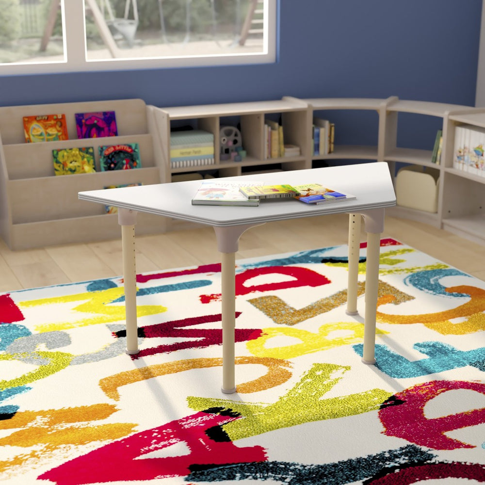 English Elm Bright Beginnings 47" Adjustable Height Wooden Trapezoid Table - Perfect for Classroom Activities & Growth MK-ME088028-GG