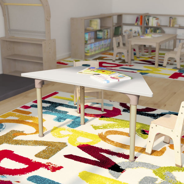 English Elm Bright Beginnings 47" Adjustable Height Wooden Trapezoid Table - Perfect for Classroom Activities & Growth MK-ME088028-GG