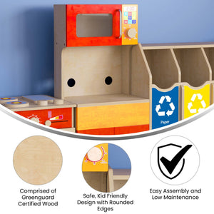 English Elm Bright Children's Kitchen Cabinet - Greenguard Certified, Durable Wooden Playset with Microwave & Storage MK-ME10292-GG