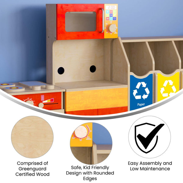 English Elm Bright Children's Kitchen Cabinet - Greenguard Certified, Durable Wooden Playset with Microwave & Storage MK-ME10292-GG