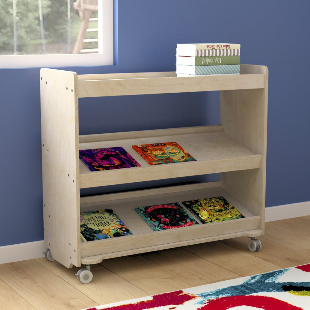 English Elm Bright Mobile Classroom Storage Cart - 3 Angled Shelves, Locking Wheels, Kid-Friendly Design, Natural Finish MK-ME13705-GG