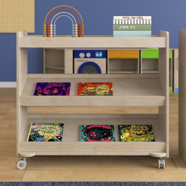 English Elm Bright Mobile Classroom Storage Cart - 3 Angled Shelves, Locking Wheels, Kid-Friendly Design, Natural Finish MK-ME13705-GG