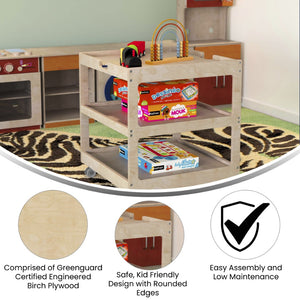 English Elm Bright Mobile Classroom Storage Cart - 3 Shelf Space-Saving Design with Locking Casters & Natural Finish MK-ME14795-GG