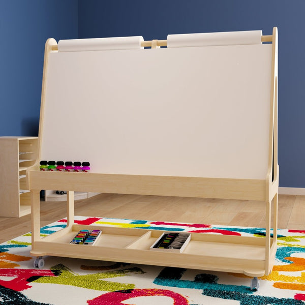 English Elm Bright Beginnings Mobile Dual-Sided Art Station for 4 Kids with Storage & Locking Caster Wheels, Natural MK-ME16621-GG