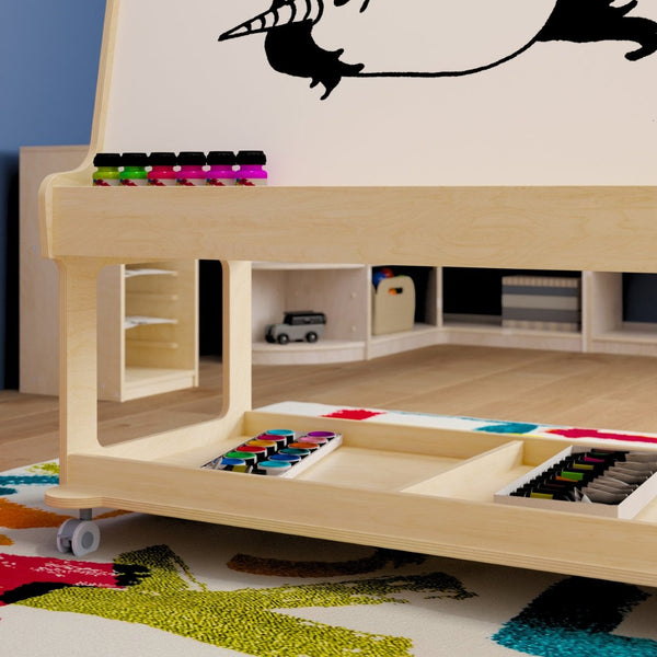 English Elm Bright Beginnings Mobile Dual-Sided Art Station for 4 Kids with Storage & Locking Caster Wheels, Natural MK-ME16621-GG
