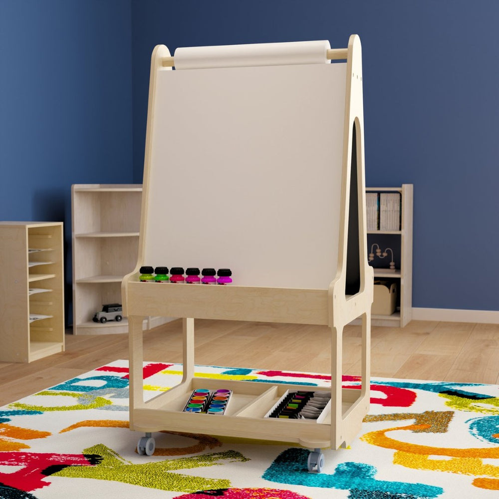English Elm Bright Beginnings Mobile Dual-Sided Art Station for 2 Students – Locking Wheels & Storage Solutions! MK-ME16768-GG