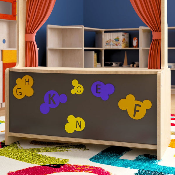 English Elm Bright Beginnings Wooden Puppet Theater with Magnetic Chalkboard & Removable Curtains for Kids' Play MK-ME19202-GG