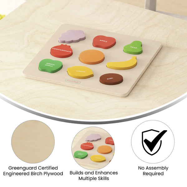 English Elm Bright Beginnings STEM Fruit Shapes Puzzle Board - Durable Birch Plywood for Early Learning Fun! MK-MK00620-GG