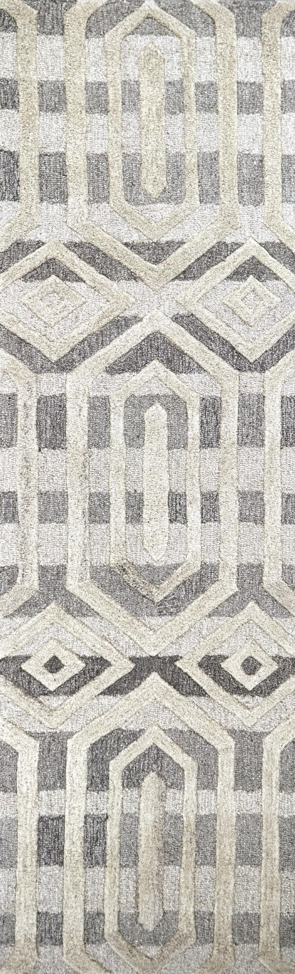 Alora Decor Makalu Hand-Tufted Wool Runner 2'6"X8' – Natural Gray Geometric High/Low Pile, Eco-Friendly Durable Elegance MAKMK101233552608
