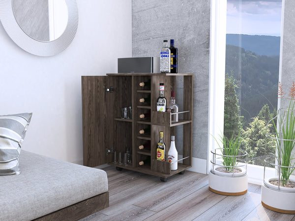 English Elm Bar Cart with Wine Cubbies Open Shelves Locking Casters and Cabinet Storage B07091829