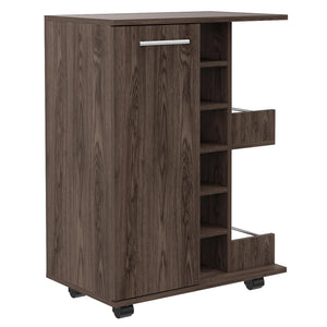 English Elm Bar Cart with Wine Rack Cabinet Open Shelves and Locking Casters for Home Entertaining B20091829
