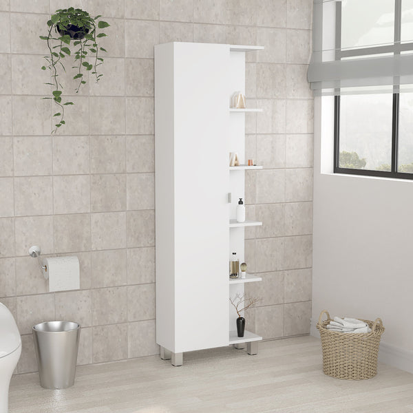 English Elm Urano White Corner Linen Cabinet with Five Open Shelves and Adjustable Interior Storage, Space-Saving B07091991