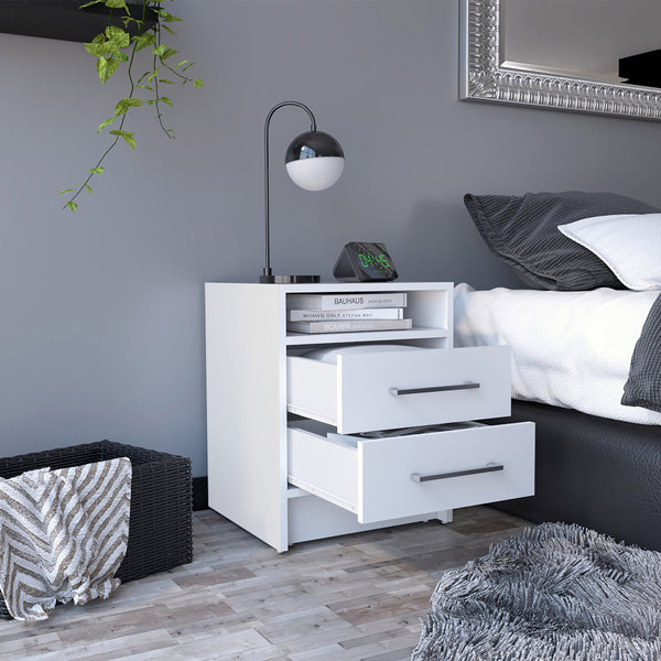 English Elm Eter Smart Nightstand with Two Smooth-Glide Drawers and Top Shelf — Compact, Modern Storage Solution White 22.8 L x 19.7 W x 6.1 H B20091864