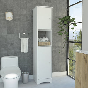 English Elm Ibis 68" White Linen Cabinet with Double Doors, Four Shelves & Center Open Compartment for Baths B20091912