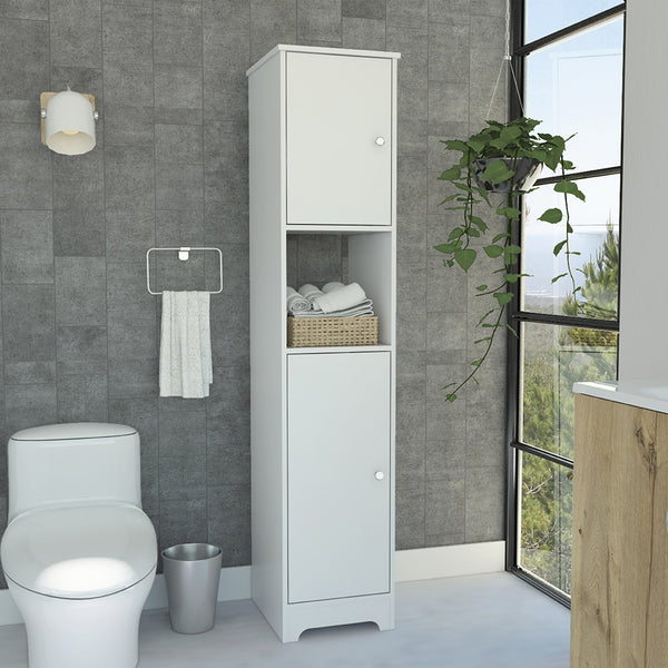 English Elm Ibis 68" White Linen Cabinet with Double Doors, Four Shelves & Center Open Compartment for Baths B20091912