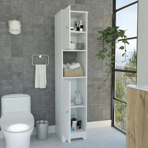 English Elm Ibis 68" White Linen Cabinet with Double Doors, Four Shelves & Center Open Compartment for Baths B20091912