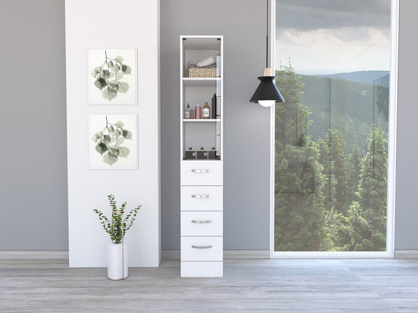 English Elm Vanguard Linen Cabinet White — Tall Storage Organizer with 3 Shelves & 4 Drawers, Space-Saving Design B07091995