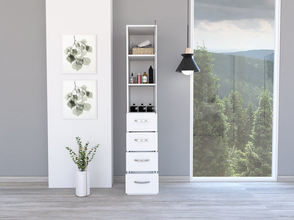 English Elm Vanguard White Linen Cabinet with 3 Open Shelves & 4 Drawers, Space-Saving Particleboard Storage Organizer B20091995