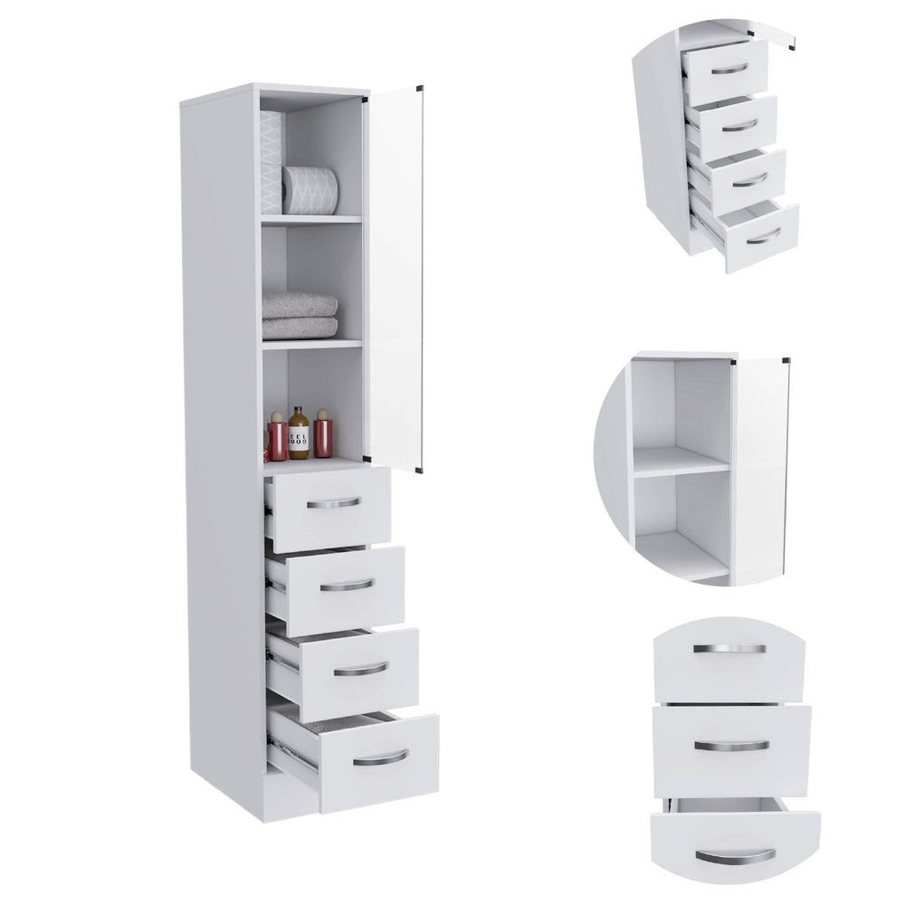English Elm Vanguard Linen Cabinet White — Tall Storage Organizer with 3 Shelves & 4 Drawers, Space-Saving Design B07091995