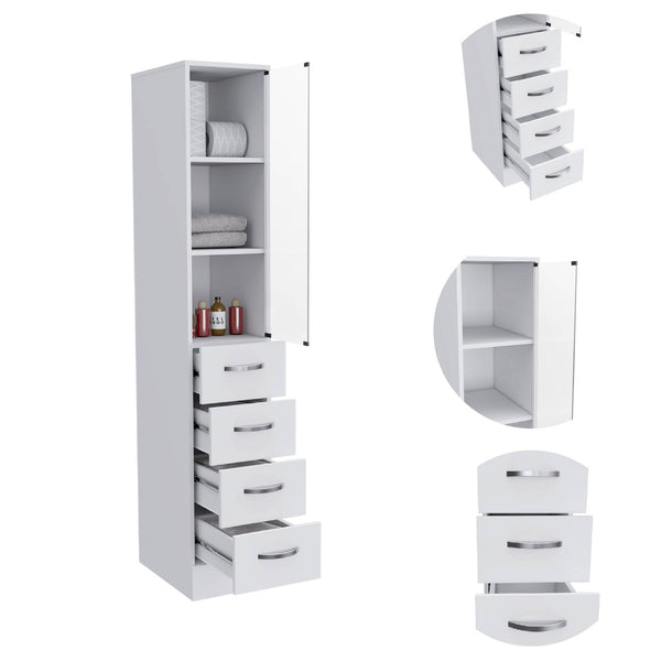 English Elm Vanguard Linen Cabinet White — Tall Storage Organizer with 3 Shelves & 4 Drawers, Space-Saving Design B07091995