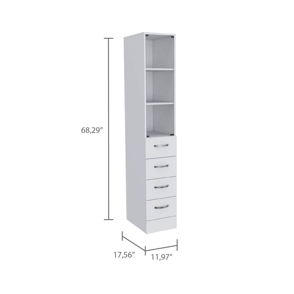 English Elm Vanguard White Linen Cabinet with 3 Open Shelves & 4 Drawers, Space-Saving Particleboard Storage Organizer B20091995