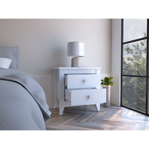 English Elm Amara White Nightstand with Two Drawers and Wooden Legs — Compact 15.7"D x 26.6"W x 24.25"H Storage B20091820