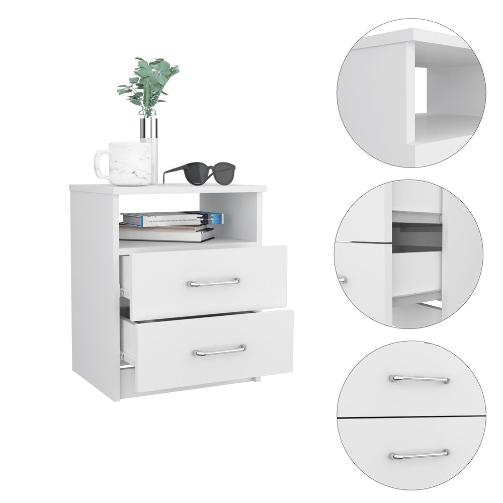 English Elm Napoles Nightstand with Two Smooth-Glide Drawers and Open Shelf for Compact, Organized Living Space White 23.6 L x 18.1 W x 6.3 H B20091968