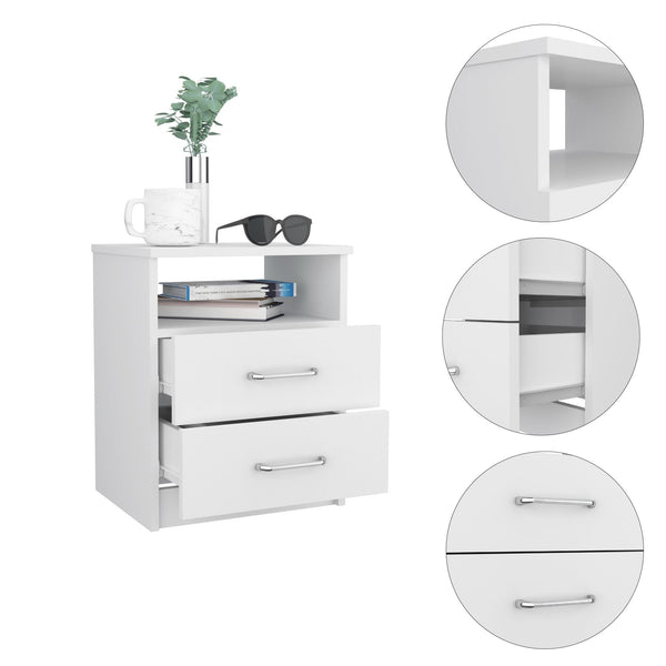 English Elm Napoles Nightstand with Two Smooth-Glide Drawers and Open Shelf for Compact, Organized Living Space White 23.6 L x 18.1 W x 6.3 H B20091968