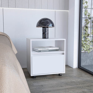 English Elm Nightstand Wasilla 20"H with Drawer, Open Shelf and Smooth Casters for Modern Bedroom Storage and Ease White 22.83 L x 19.68 W x 5.91 H B097133213