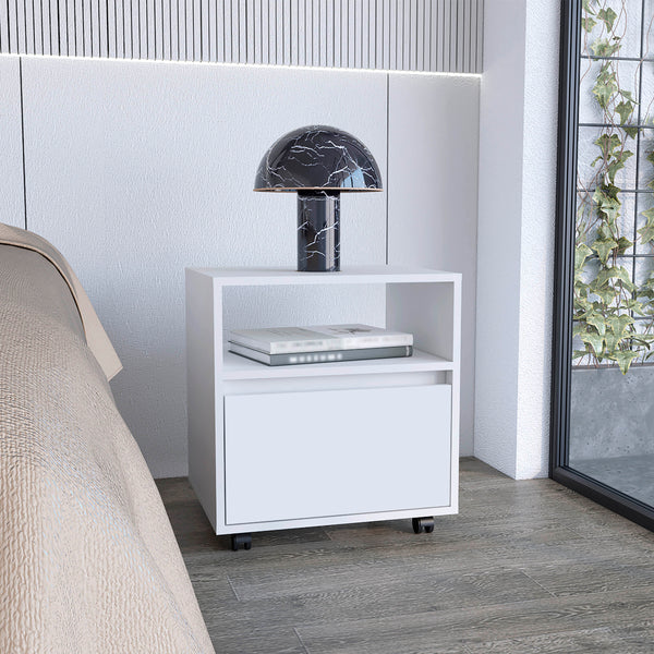 English Elm Nightstand Wasilla 20"H with Drawer, Open Shelf and Smooth Casters for Modern Bedroom Storage and Ease White 22.83 L x 19.68 W x 5.91 H B097133213