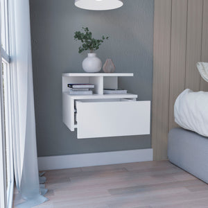 English Elm Floating Nightstand Sleek Wall-Mounted Cement-Look Organizer with Single Drawer and Two Shelves for Compact Bedrooms and Modern Minimalist Spaces White 17.71 L x 17.32 W x 3.94 H B097133176