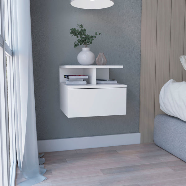 English Elm Floating Nightstand Sleek Wall-Mounted Cement-Look Organizer with Single Drawer and Two Shelves for Compact Bedrooms and Modern Minimalist Spaces White 17.71 L x 17.32 W x 3.94 H B097133176